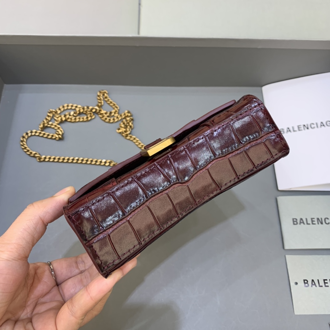 Balenciaga Hourglass Mini Handbag With Chain Crocodile Embossed Shoulder Bag Coffee